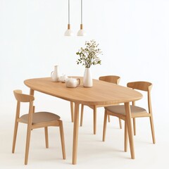 3D icon cartoon Scandinavian-style home interior with a wooden table and chairs isolated on a white background