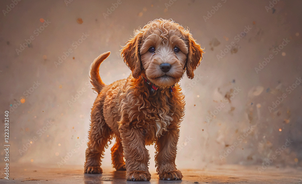 Poster a cute brown puppy with a red collar stands on a tile floor. the puppy has a playful and curious exp