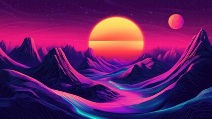 Obraz premium Vibrant Sunset Over Neon Mountainscape Under Starry Sky