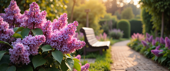 Fragrant lilac flower, tranquil atmosphere, near a garden bench in spring dawn, close capture, copy space
