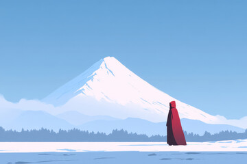 A woman in a red cape stands in front of a mountain