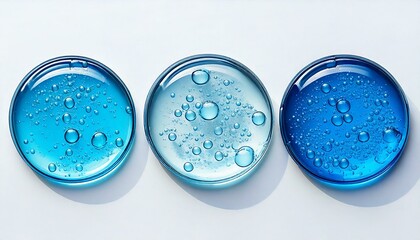 Shining blue drops. Skincare or haircare cosmetic products, like collagen serum,  hyaluronic acid skin cleanser, shaving gel, after-shave balm, moisturising body lotion, or hair styling gel
