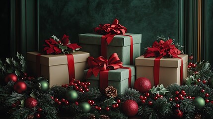 Festive bouquet of roses and holly with gift boxes on green velvet background