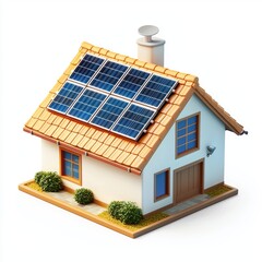 3D icon cartoon of a rooftop with neatly aligned solar panels, isolated on a white background --quality 2