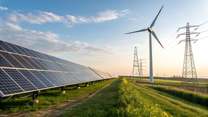 Solar panels alongside wind turbines, showcasing dual renewable energy systems for efficient and sustainable power generation.
