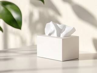 Box of tissues mockup concept. A minimalist tissue box with crumpled tissues sits on a light surface, accompanied by soft shadows and green foliage in the background.