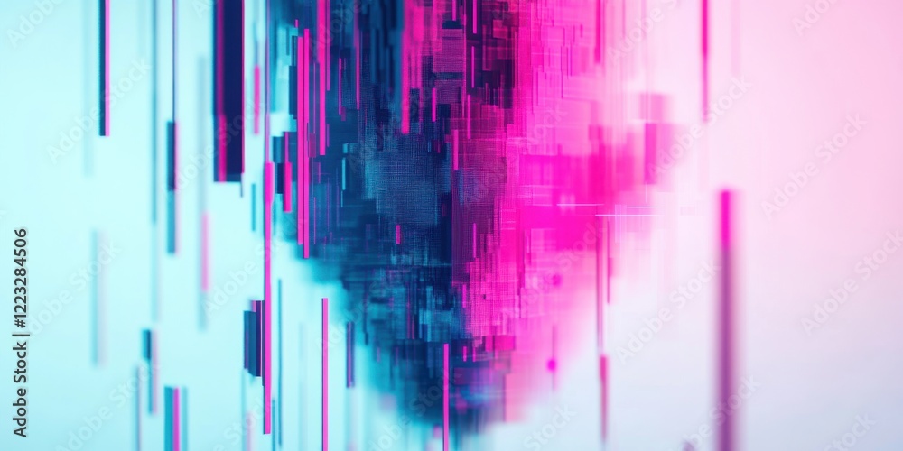 Fototapete minimalistic design with colorful glitch effects, including pink and blue lines on a white backgroun