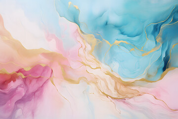 Fototapeta premium Create a seamless background pattern using watercolor textures in pastel shades of sky blue, soft yellow, and pale coral. The strokes should appear fluid and effortlessly blended.