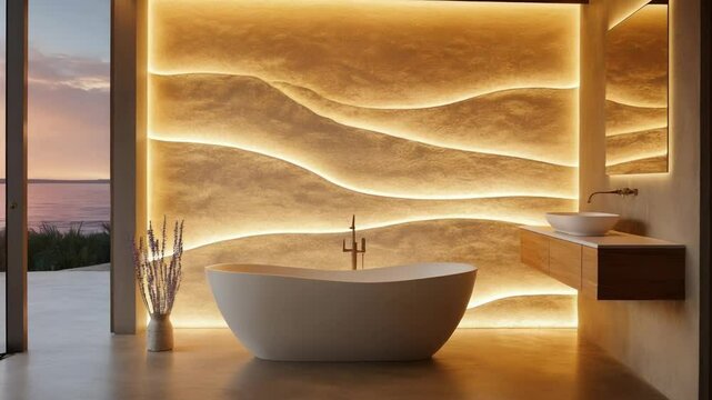 Levanto bathroom with cobalt walls and abstract sculpture