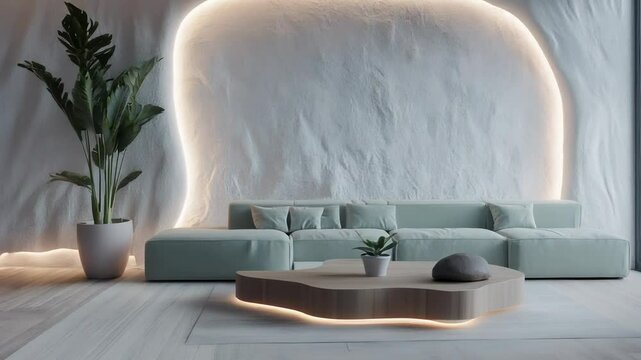 Levanto living room with muted mint sofa and glowing coffee table