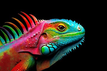 Obraz premium rainbow iguana, portrait black background 