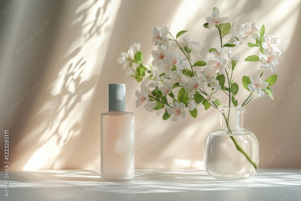 Aufkleber brightly lit interior with a vase of pink flowers and a decorative container on a white surface show