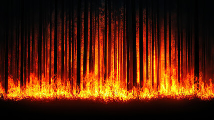 forest fire rages through dense woodland, with flames illuminating night sky, creating dramatic and intense scene. fire engulfs base of tall trees, casting shadows and highlighting destructive