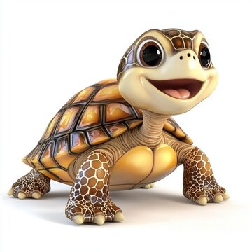 3D icon cartoon smiling turtle with a shell pattern, isolated on a white background -