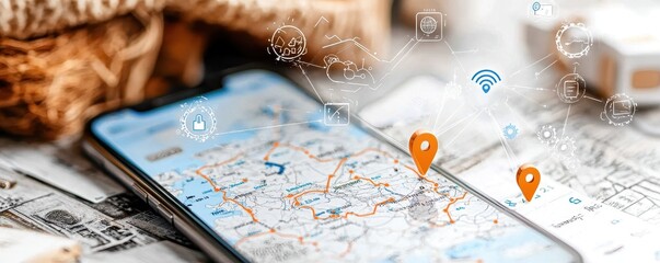 Smart Phone with Map and Location Pins on Tabletop