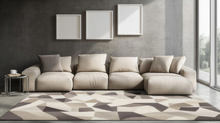 Spacious living room with modern decor and neutral tones, with a stylish sofa and geometric rug. Picture mockup