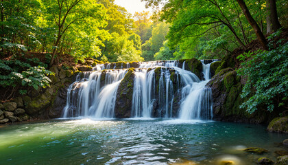 Obraz premium Tranquil tropical waterfall in lush jungle, winter vacation escape