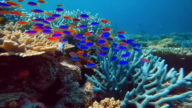 Small colorful fish swimming over blue hard corals and bleached finger corals.