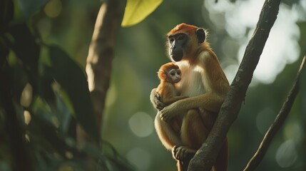 Mother and baby monkey bonding in vibrant jungle environment