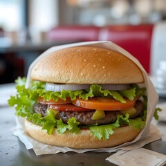hamburger on a wooden table