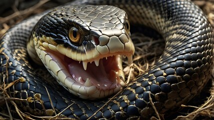 Fototapeta premium Majestic Black Snake Sitting on Its Eggs, Watching Over the Nest 