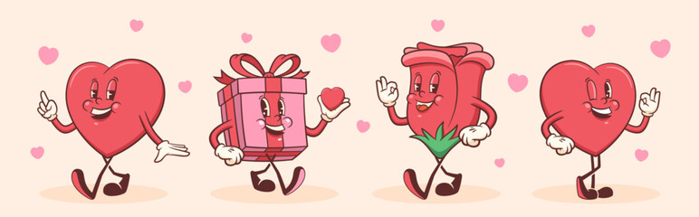 Valentines Day Groovy Heart Characters Set. Cartoon Love Holiday Personages Collection. Vector Cute Valentine Mascot Templates Background. Happy Vintage Cool Illustrations Bundle. Isolated
