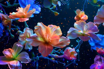 A mesmerizing image of iridescent flowers against a dark, starry background. Neon colors and a psychedelic style create a surreal, dreamlike atmosphere.