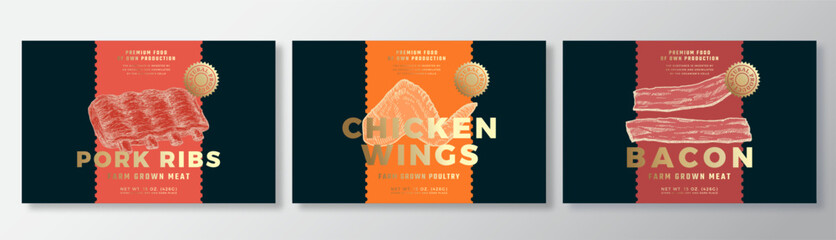 Pork Ribs, Chicken Wings, Bacon Vector Packaging Label Design Templates Set. Product Banner, Hand Drawn Meat, Pork and Poultry Sketches. Food Background Layout with Gold Foil Isolated