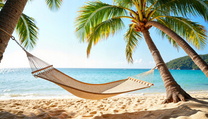 Fototapeta premium Secluded hammock swaying gently by ocean view, winter relaxation