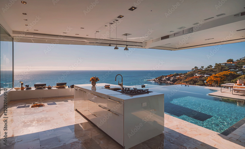 Poster a large white kitchen with a view of the ocean. the kitchen is open to the outside and has a large i