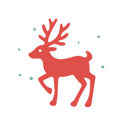 A stylized red reindeer in mid-leap, featuring prominent antlers 