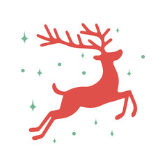 A stylized red reindeer in mid-leap, featuring prominent antlers 