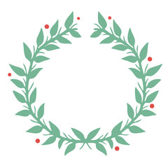 A circular wreath made of green leaves, featuring a symmetrical arrangement with a blank center