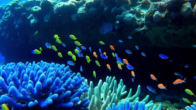 Small colorful fish swimming over blue hard corals and bleached finger corals.