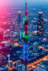 Fototapeta premium Telecommunication tower with 5G cellular network antenna on city background, Global connection and internet network concept, colorful, with white tones