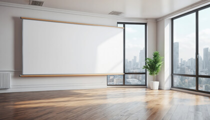 Obraz premium Modern classroom interior with panoramic window and city view, empty white board and wooden floor. Education concept. 
