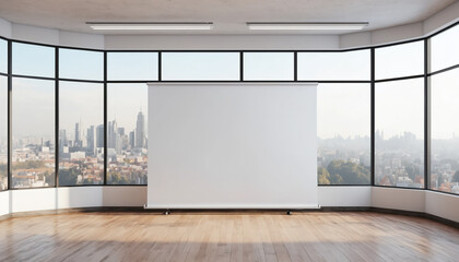 Fototapeta premium Modern classroom interior with panoramic window and city view, empty white board and wooden floor. Education concept. 