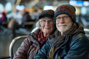Fototapeta premium Portrait of a satisfied caucasian couple in their 60s donning a warm wool beanie isolated in busy airport terminal
