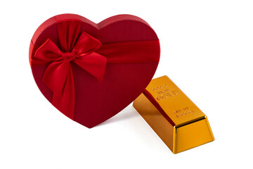 Gold bar and gift box in the shape of a person's heart symbol on a white background