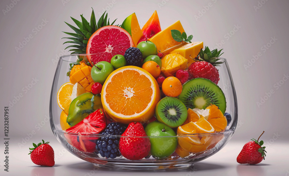 Poster a bowl filled with a variety of fruits including oranges, apples, and strawberries. the bowl is plac