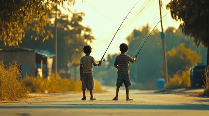 Obraz premium Two caucasian young boys fishing on rural road at sunset