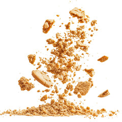 Pile of cake and cookie crumbs flying isolated on white and transparent background
