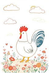 there is a rooster standing in a field of flowers