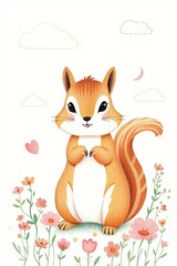 there is a cartoon squirrel sitting on a flowery field