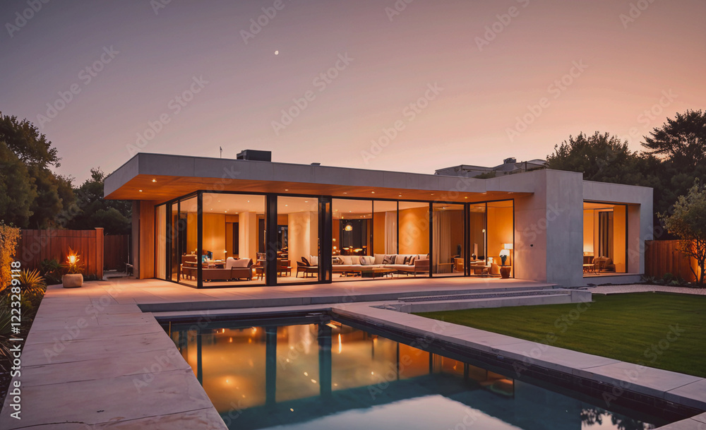 Aufkleber a large house with a pool and a large glass door. the house is lit up at night, creating a warm and 