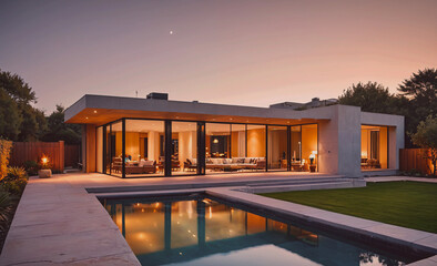 A large house with a pool and a large glass door. The house is lit up at night, creating a warm and inviting atmosphere