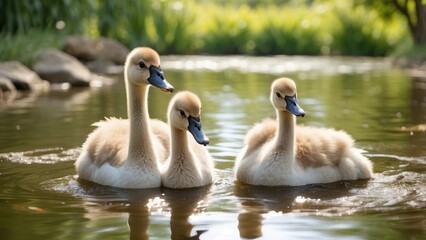 Obraz premium Three cygnets swim in a shallow, greenish pond surrounded by tall grasses.