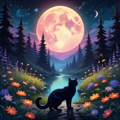 Cat on a night seeing moon in a jungle with cold night, Created using Generative Ai