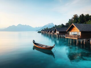 Tranquil fishing village on stilts, built over calm turquoise waters with mountains in the distance