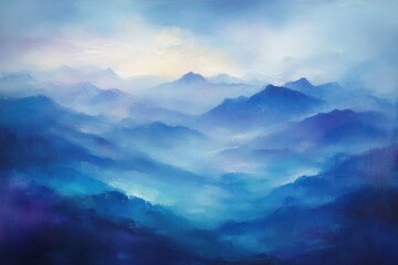 Misty blue mountains at sunrise, scenic landscape.